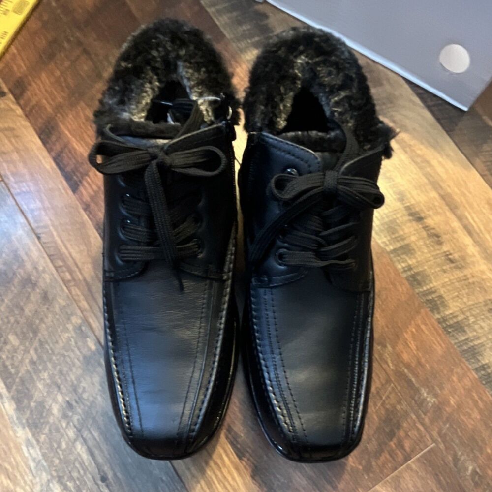 Xmate Men's Black Leather Ankle Boots Faux Fur Lined Zipper Lace Up Size 7